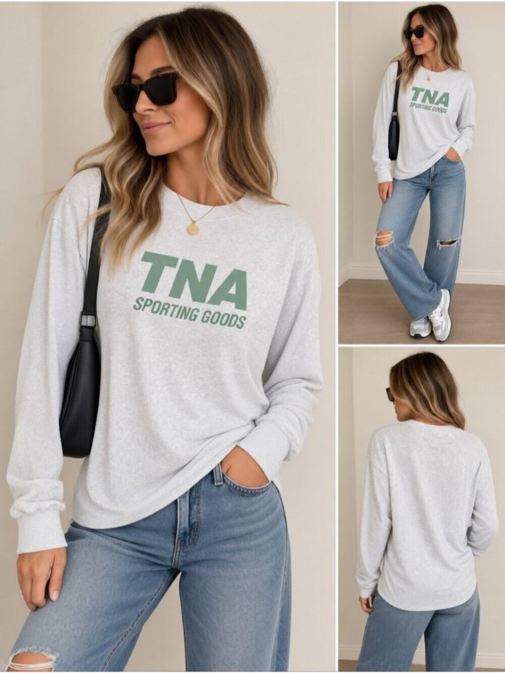 TNA Light Gray Long Sleeve Tee with Mint Logo